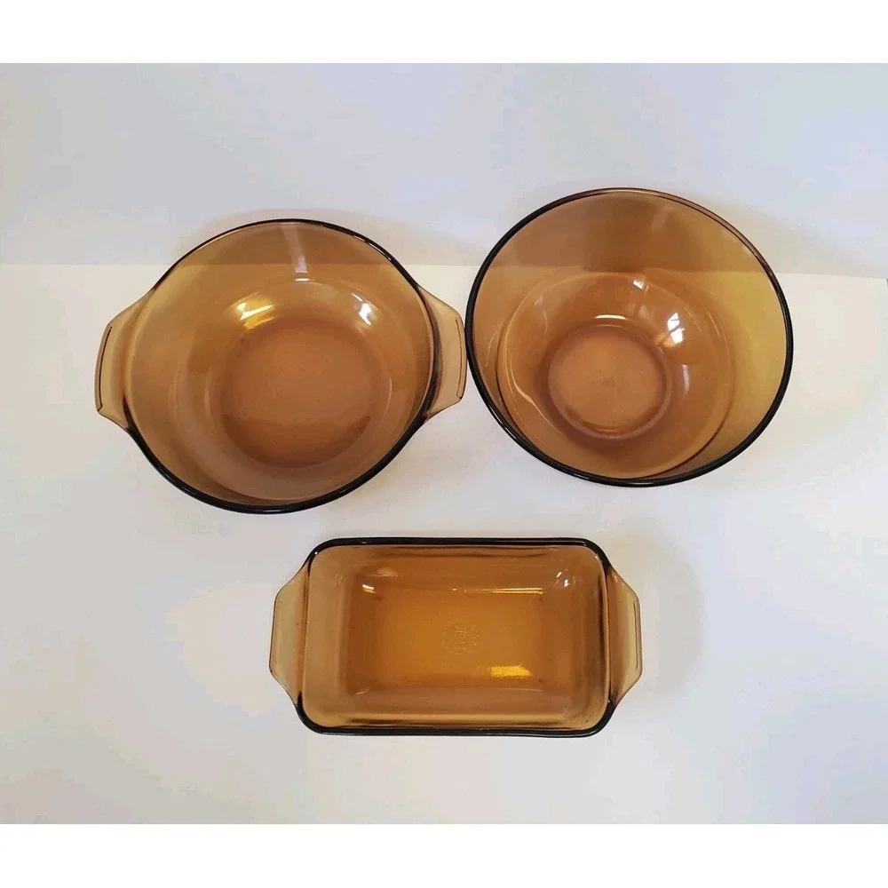 Vintage Anchor Hocking Amber Glass Casserole Baking Mixing Bowl 3 Piece USA Made